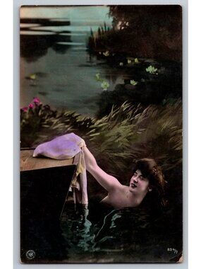 Antique Risque Art Nouveau Bathing Beauty Postcard Night Lake Lily Pads